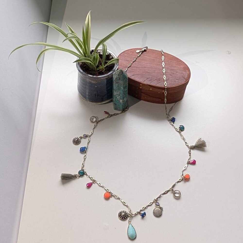 Loft Boho Silver Chain Long/Opera Length Necklace with Tassels, Jewels & Charms